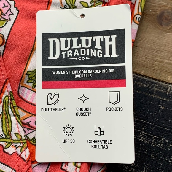 NWT Duluth Large x31L Heirloom Gardening Bib Overalls Coral Seed Packets - Picture 5 of 7